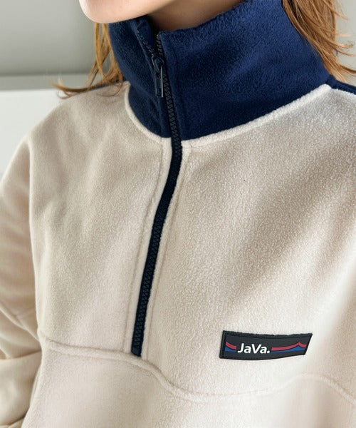 《Javaジャバコラボ》高見えラバーロゴ。ラフでお洒落な大人の配色フリースハーフジッププルオーバー jv1050088
