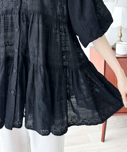 1枚で旬顔！シアー刺繍3WAYバルーンスリーブティアードブラウス ce1070094