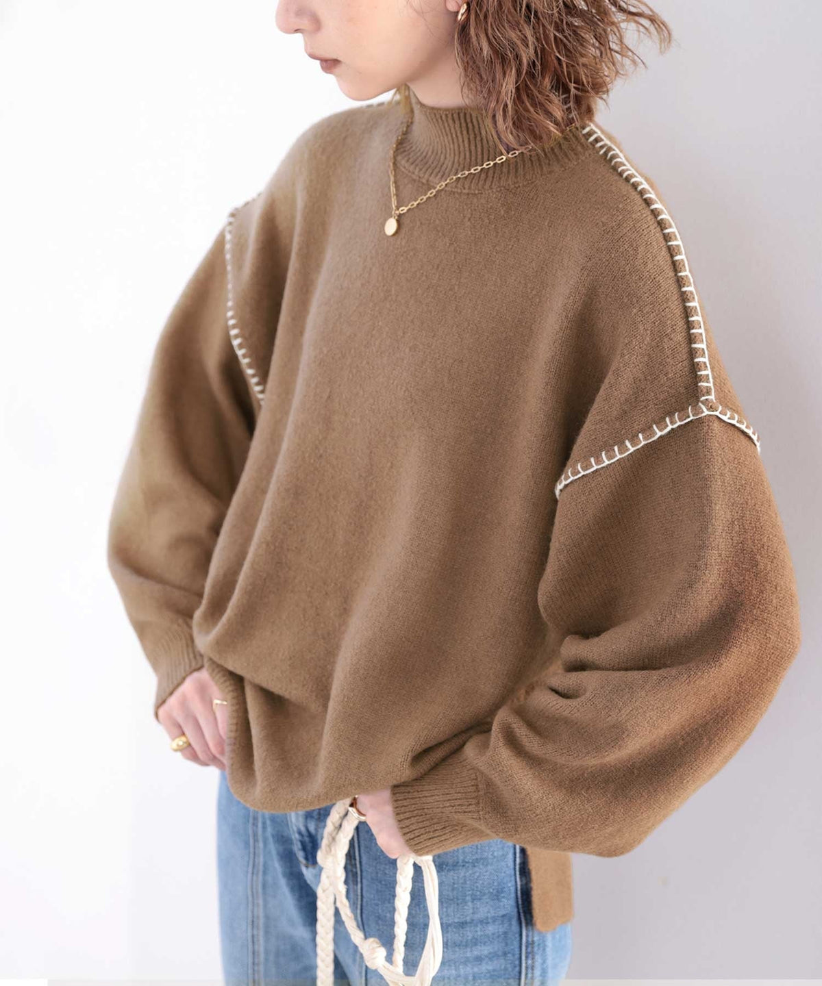 ざっくり今っぽい。モックネックハンドステッチ風オーバーニット clf018