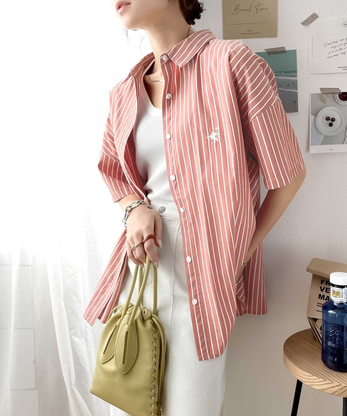 Happyストライプ！ワンポイント刺繍5分袖丈オーバーシャツ ce1010089