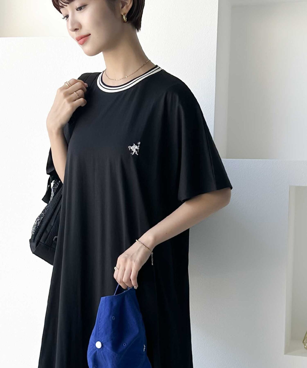 《JaVa ジャバコラボ》大人のリラックススタイル。綿100%シルケット 配色刺繍ワンピース jv1050130